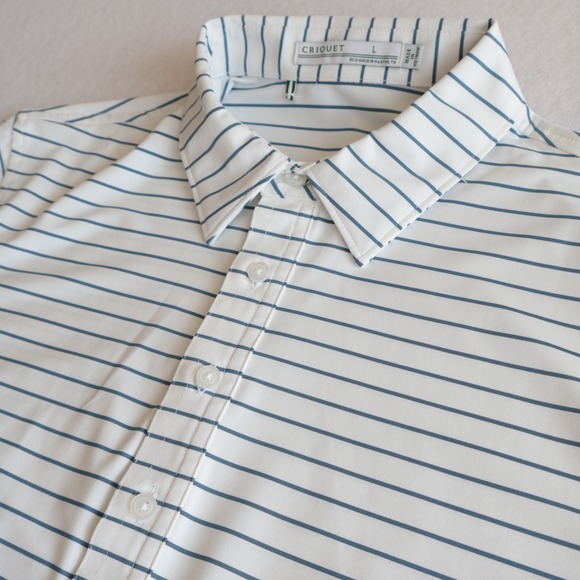 Criquet Other - Criquet Mens Performance Golf Polo Shirt Large White Blue Striped Short Sleeve